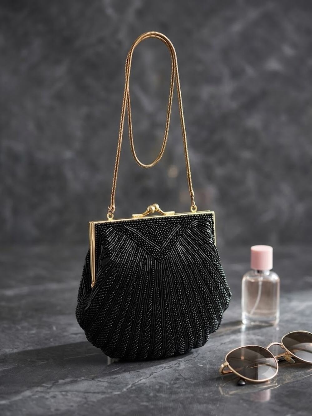 Vintage Carla Marchi Black Beaded Seashell Evening Clutch Bag Gold Chain